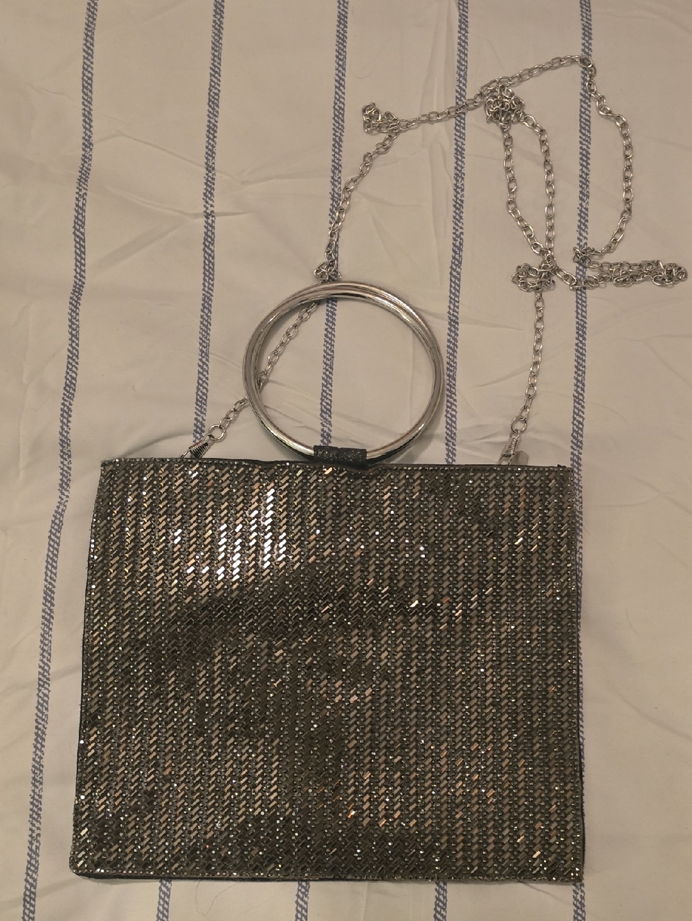 Nina Silver Metallic Mesh Clutch with Ring Handle